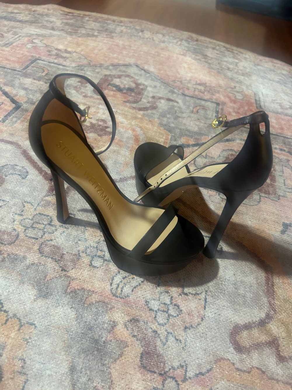 Stuart Weitzman Black Satin Platform Ankle-Strap High Heels